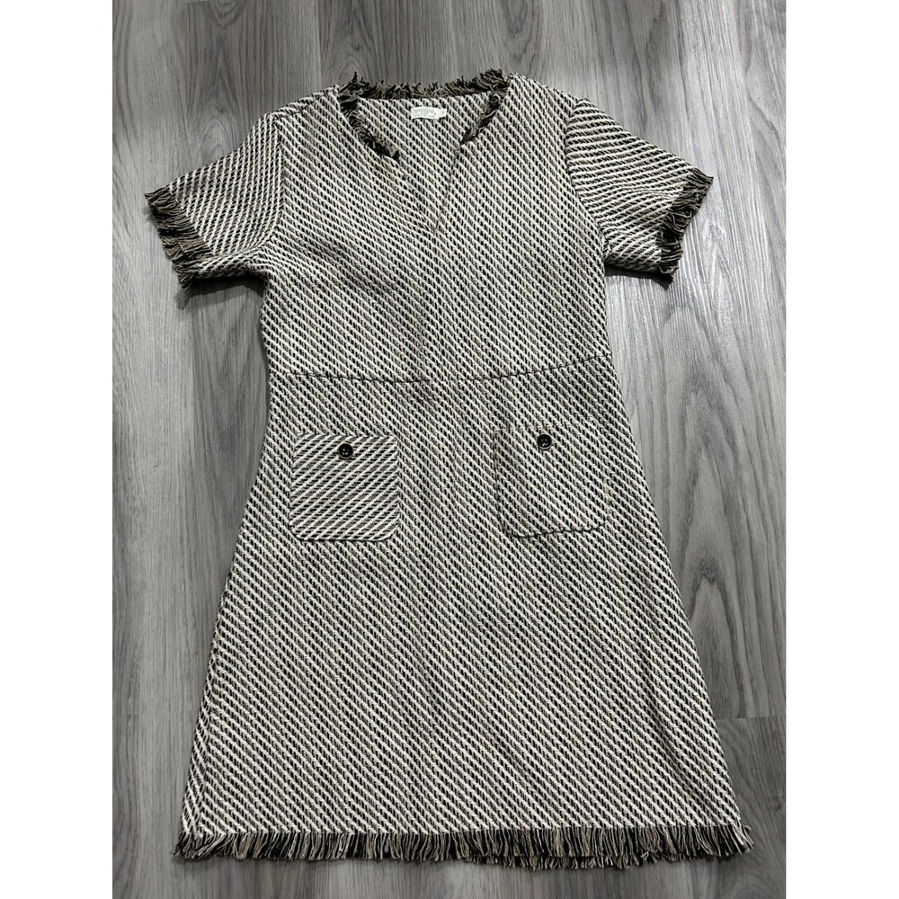 Spartina 449‎ Women Tweed Fringe Shift Dress V Neck Short Sleeve Neutral 8